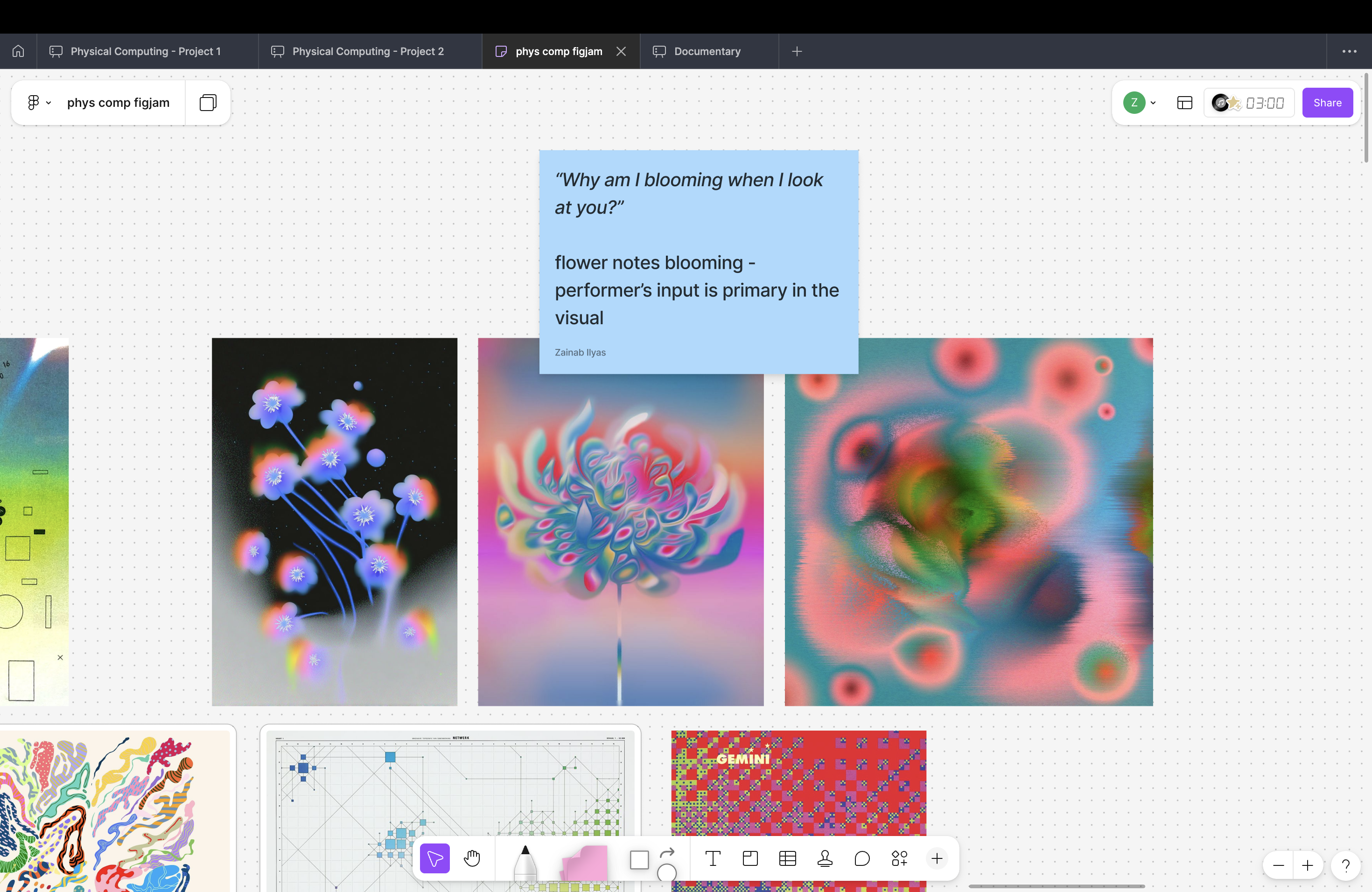 The “blooming” can be visualized by flower buds that expand or grow as the performers play their instruments. This section would be primarily performer input.