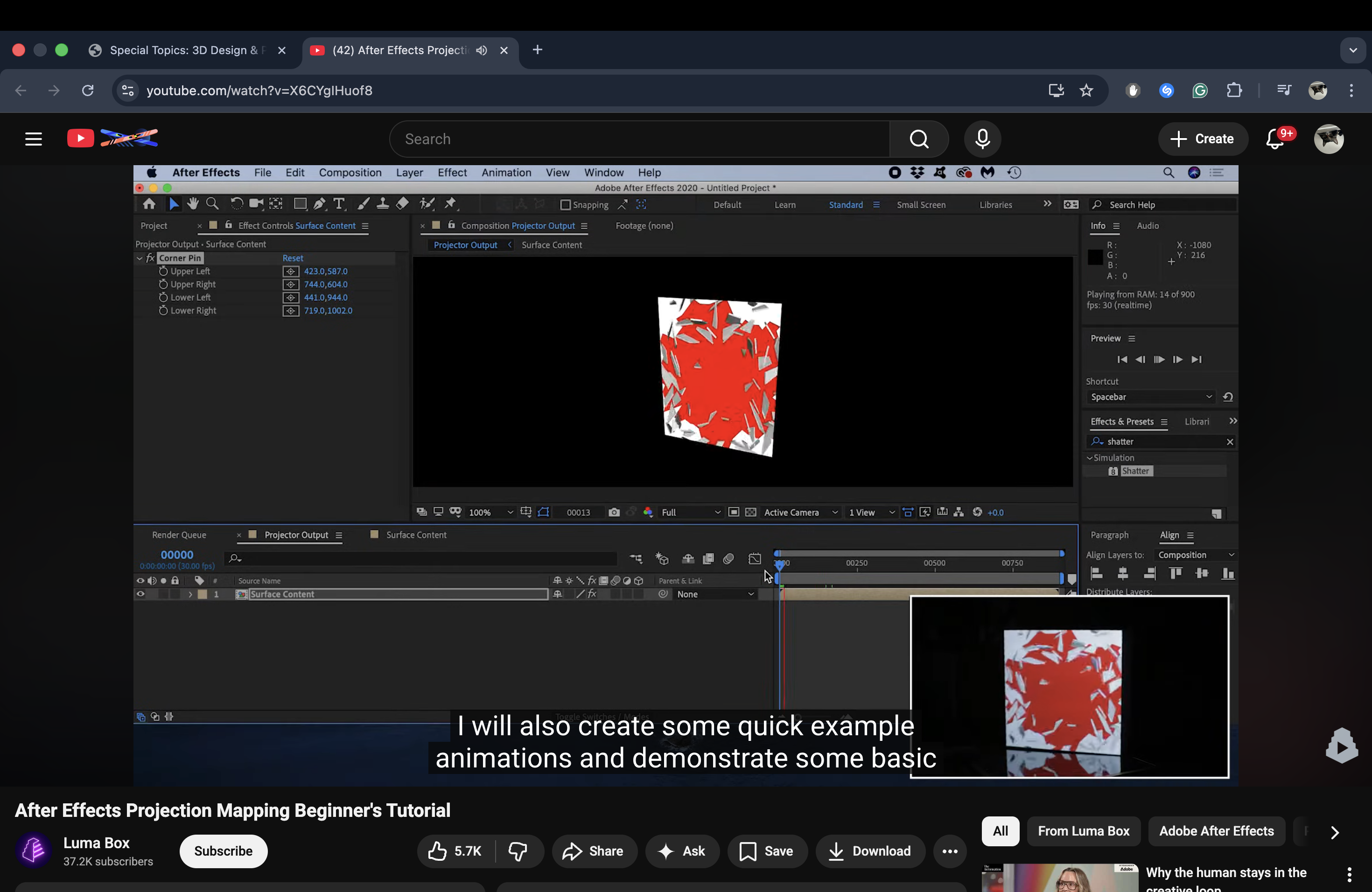 In addition to 3D motion graphics, I also researched about projection mapping techniques using After Effects. These tutorials opened up possibilities for more dynamic and spatial storytelling in my future projects.